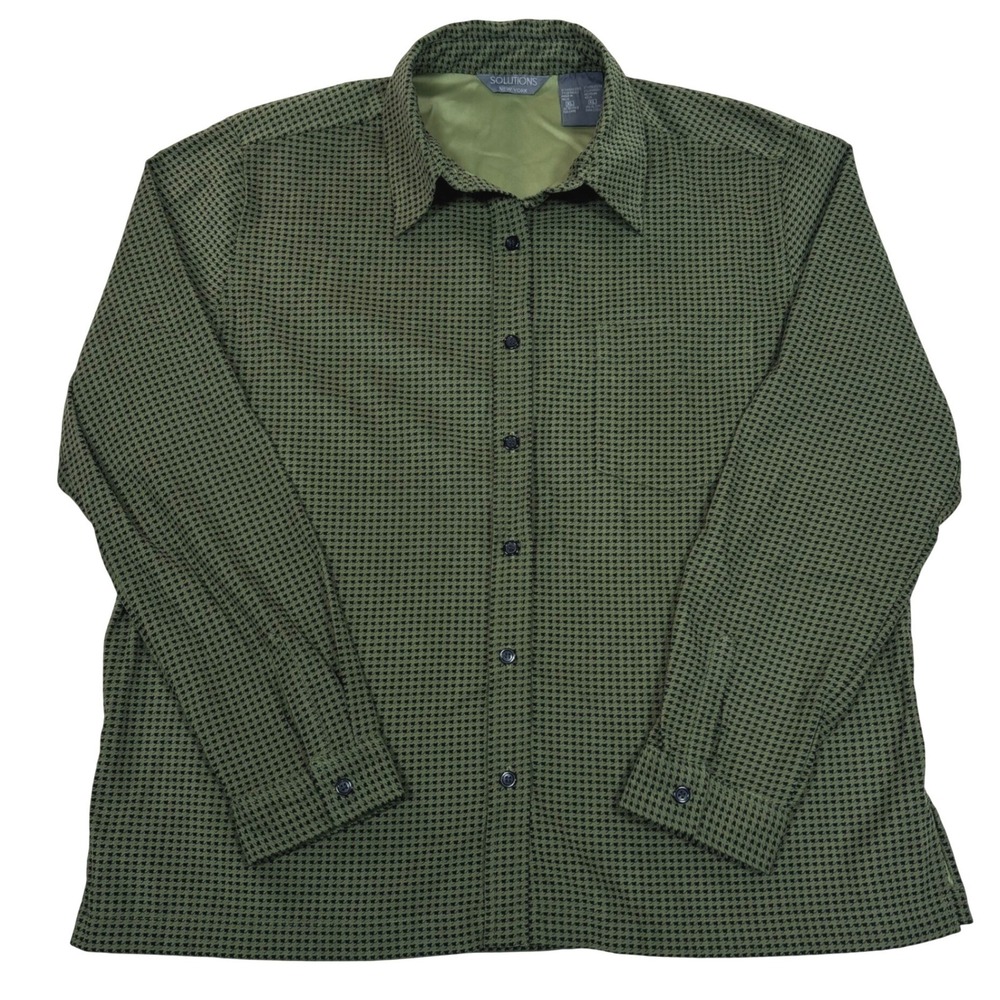 Solutions New York Olive Green Houndstooth Button Down Shirt Womens XL Lined